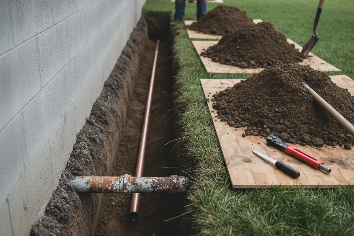 Excavated water line trench during Sewer Line Repair in Comstock Park